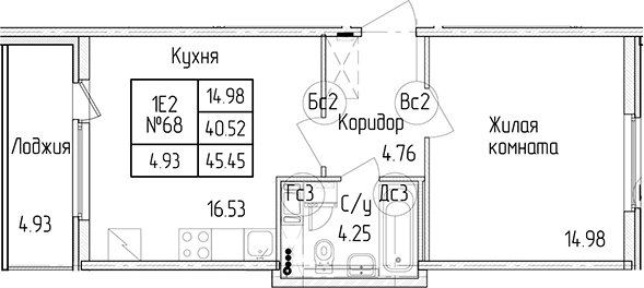 1-комнатная квартира 40.52 м², 4/4 эт., ЖК «Любоград в Стрельне»